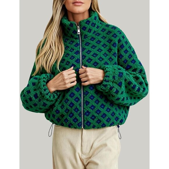 Women Dark green Cropped Sherpa Fleece Plaid Jacket Chunky Outerwear - Picture 2 of 7